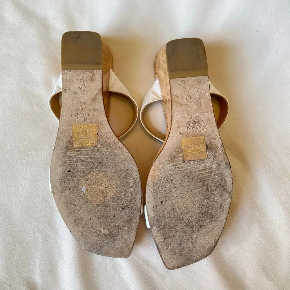 Stuart‎ Weitzman Aleena Wedge Heel Sandals 7.5 Narrow White Patent Leather Cork - Picture 9 of 13